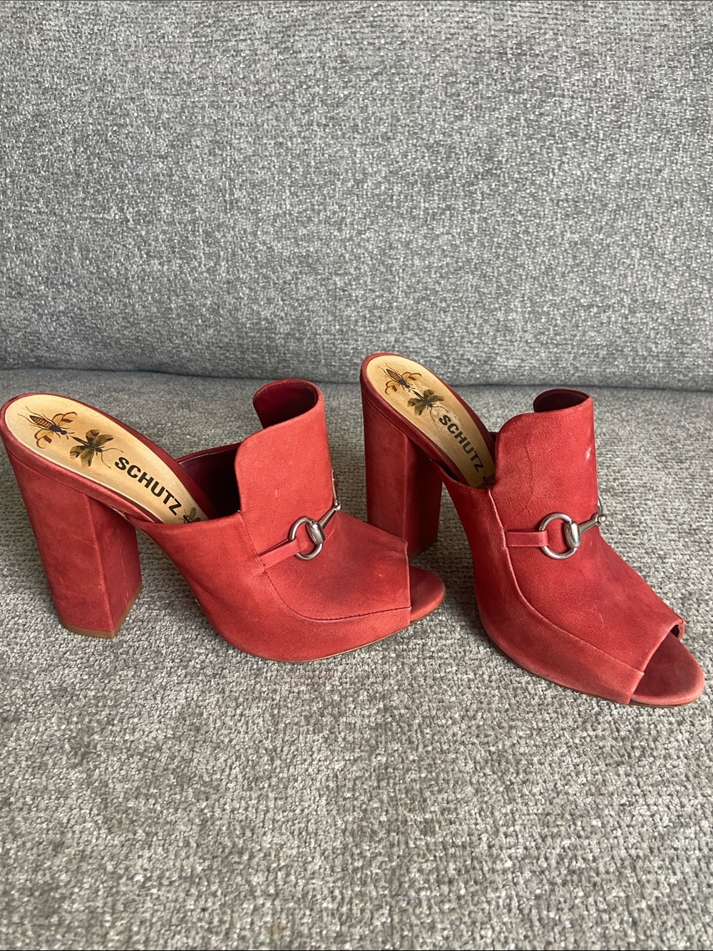 SCHUTZ Red Suede Open-Peep Toe Block Heel Mules 39 EU. Size 8